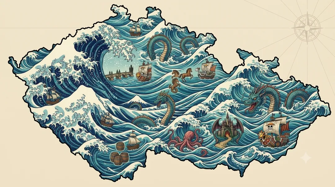 Ilustrovaná mapa Česka jako rozbouřené moře ve stylu japonského dřevorytu — vlny, lodě a mořští draci uvnitř obrysu republiky